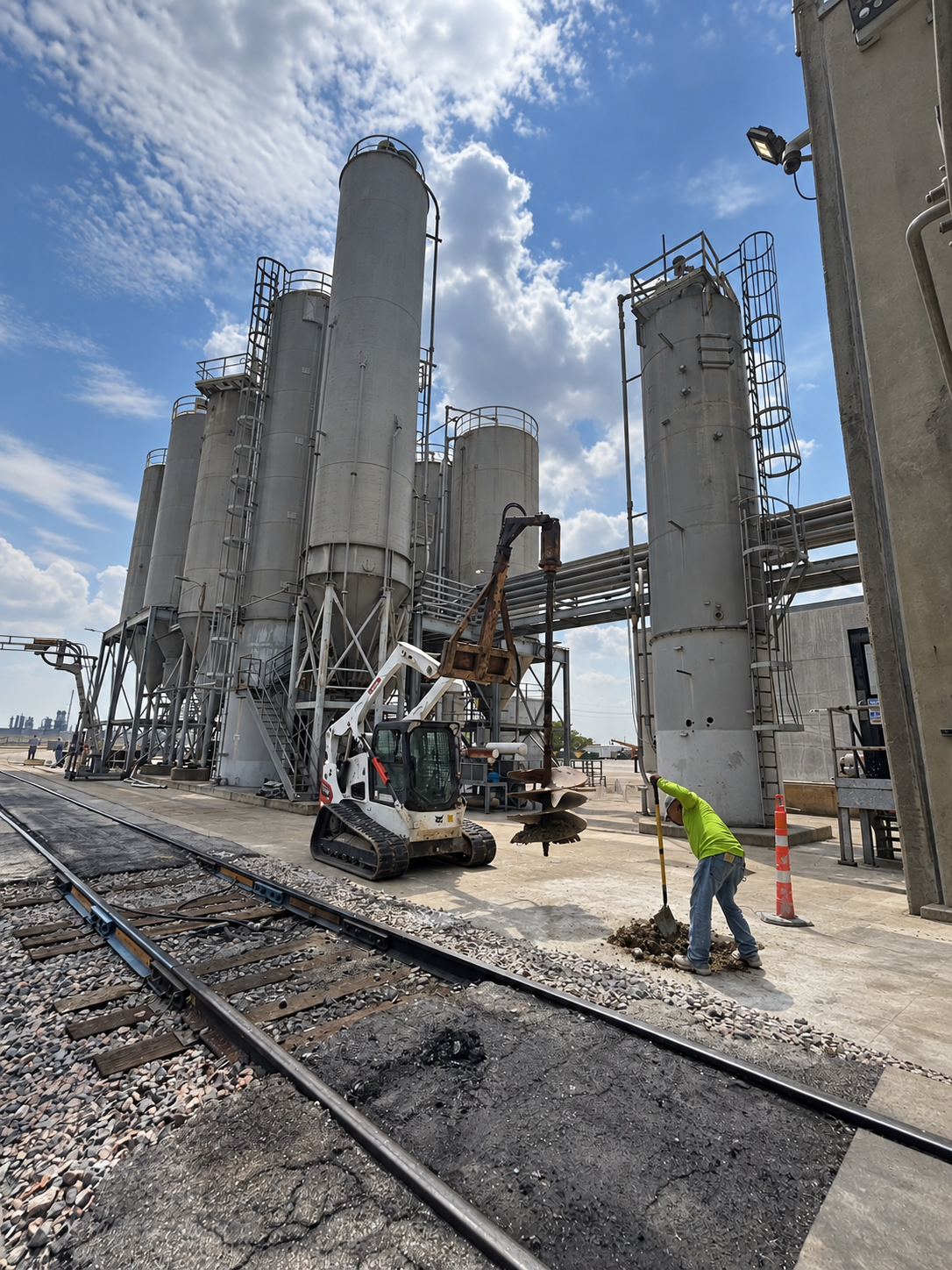 Compact equipment with an auger beside industrial silos, while a worker uses a shovel next to railroad tracks