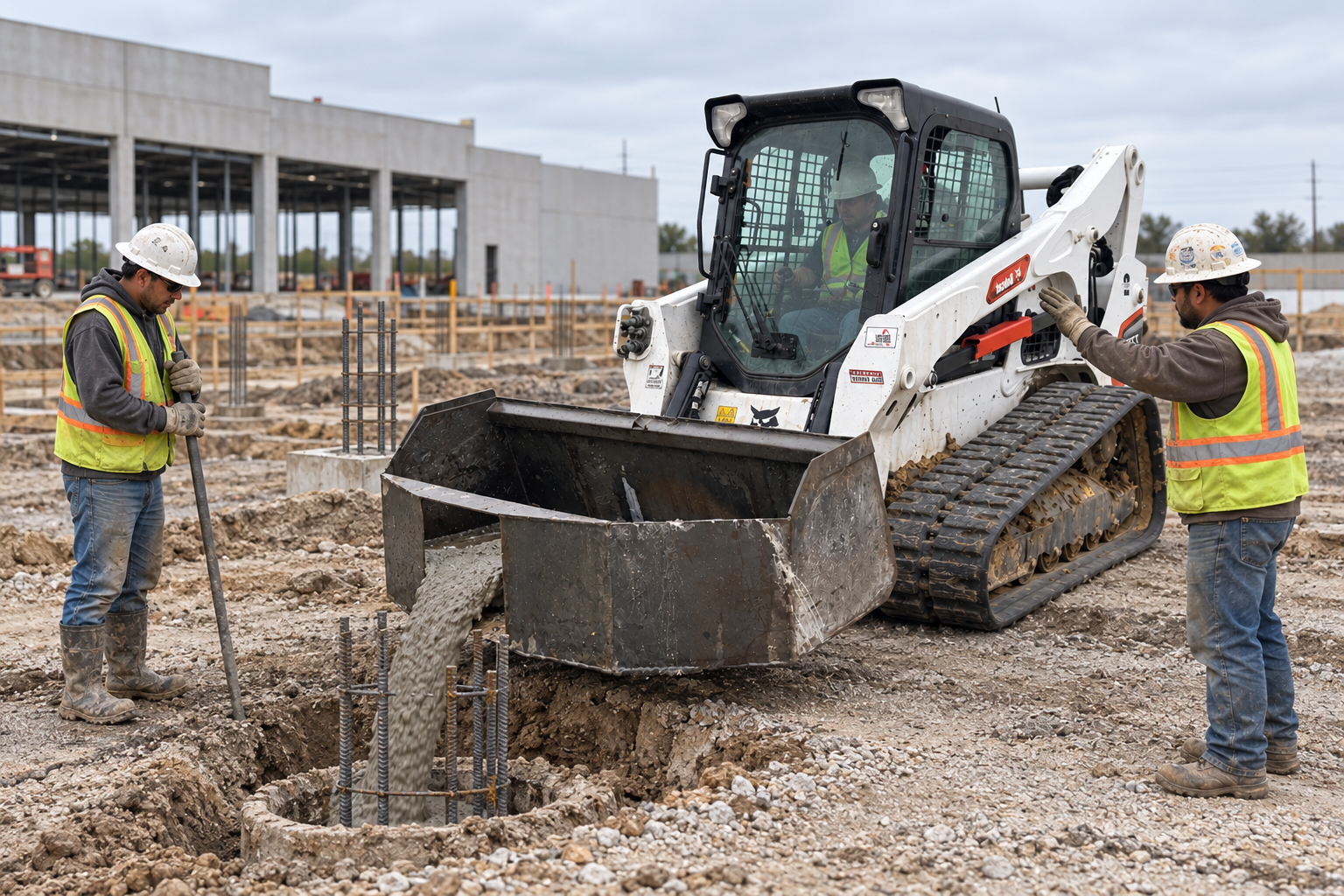 Skid steer operator and two crew members working beside a rebar cage on a jobsite