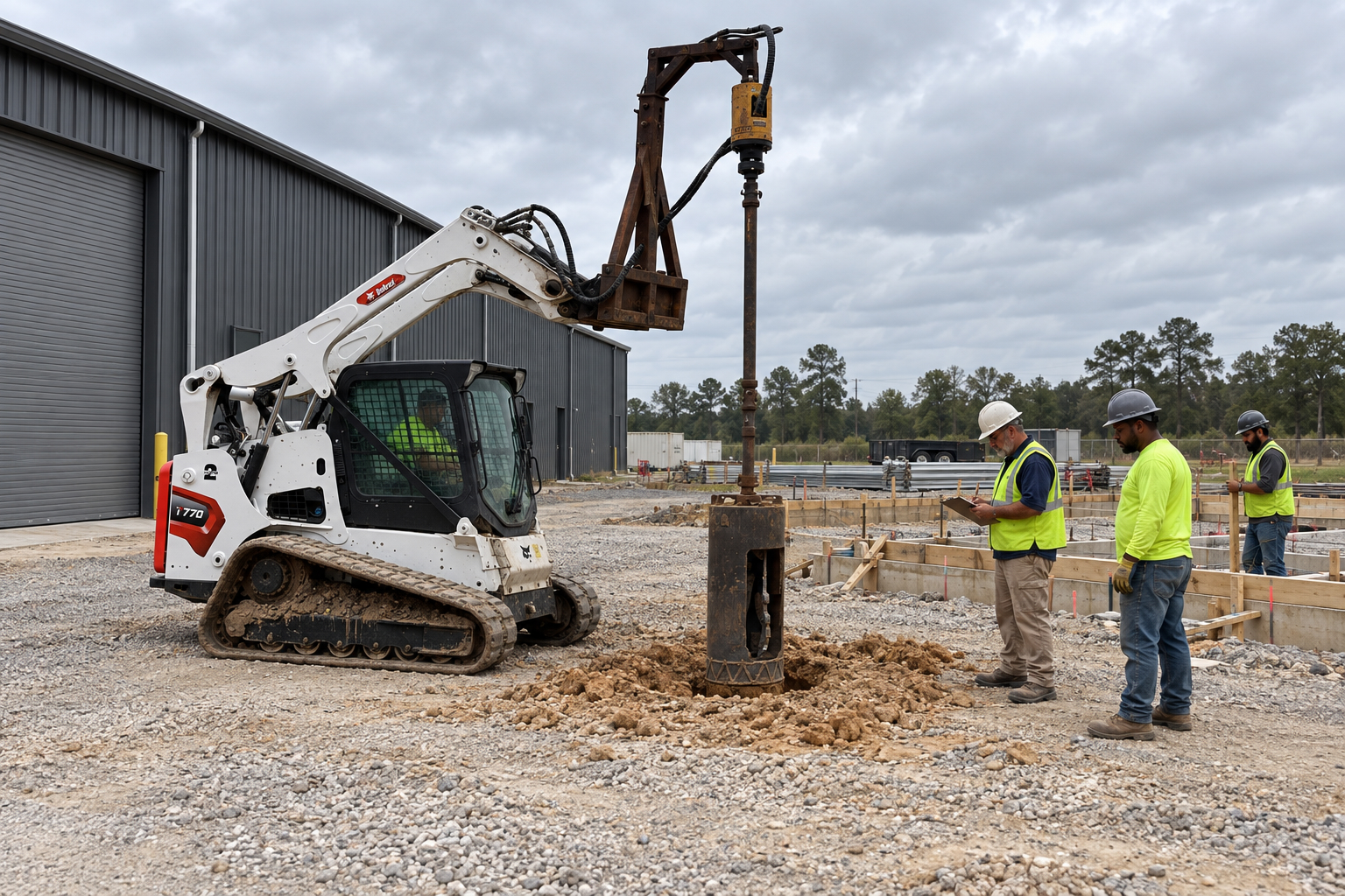 Skid steer and crew working on pier drilling beside a commercial building.
