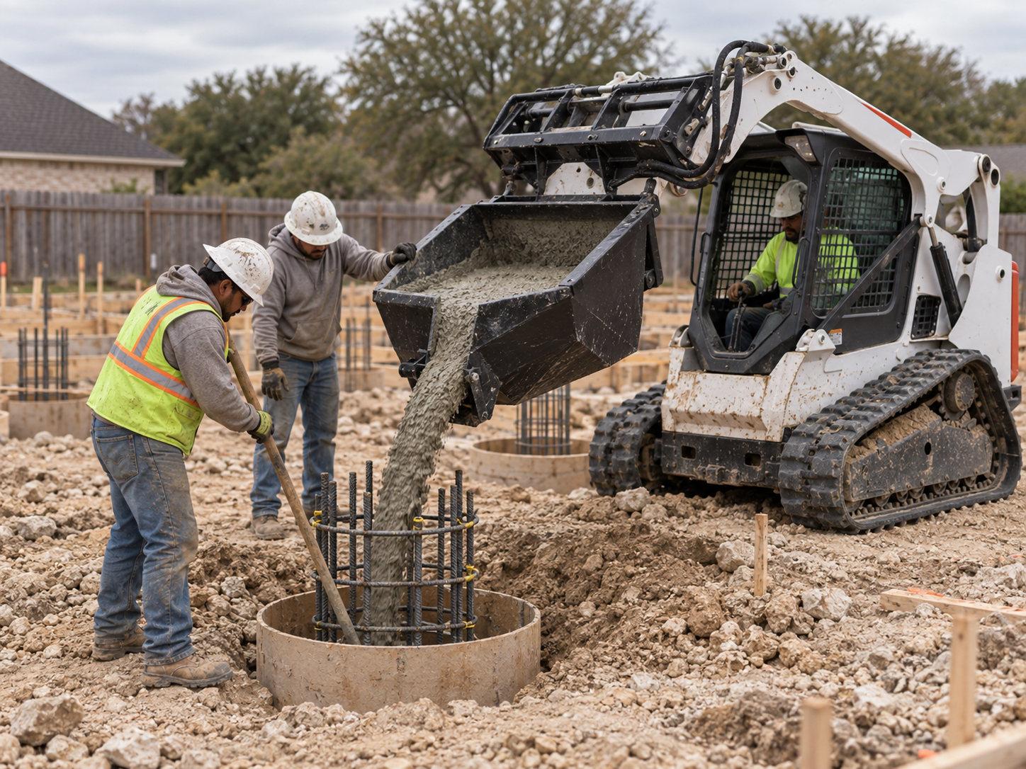 Crew placing concrete into a drilled pier using a skid steer concrete bucket.