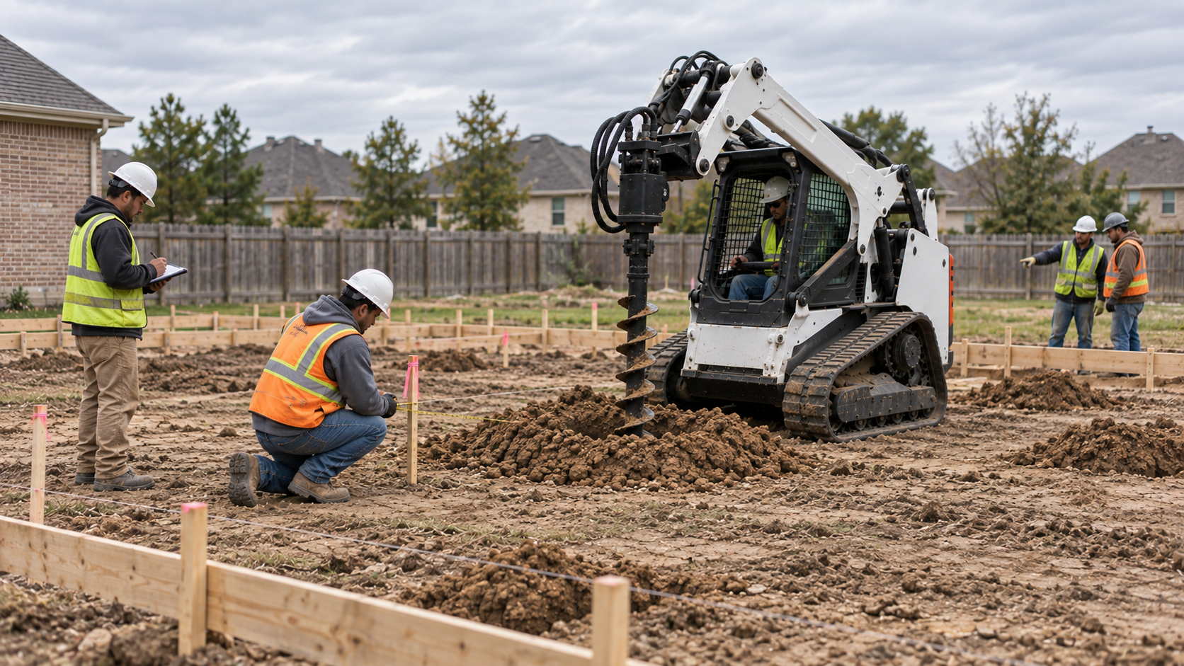 Crew drilling and marking a pier layout on a Greater Houston residential jobsite