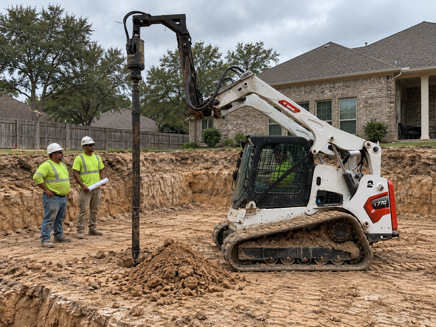 Two workers beside compact equipment drilling a pier in a residential excavation