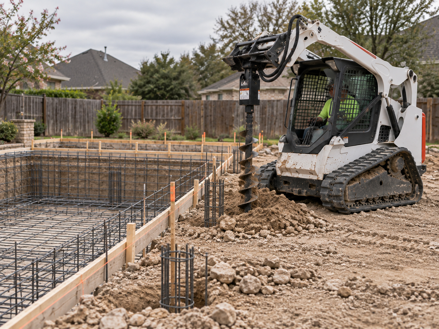 Skid steer with an auger beside a pool excavation and reinforcing steel.