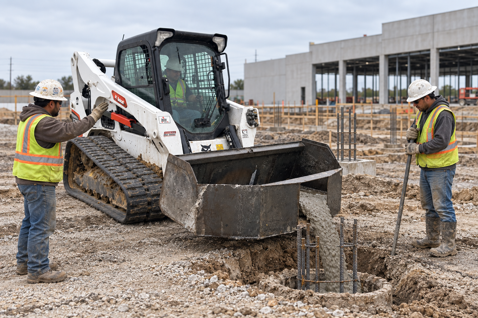 Compact equipment pouring concrete from a bucket into a drilled pier with a rebar cage, while two workers in high-visibility vests stand nearby