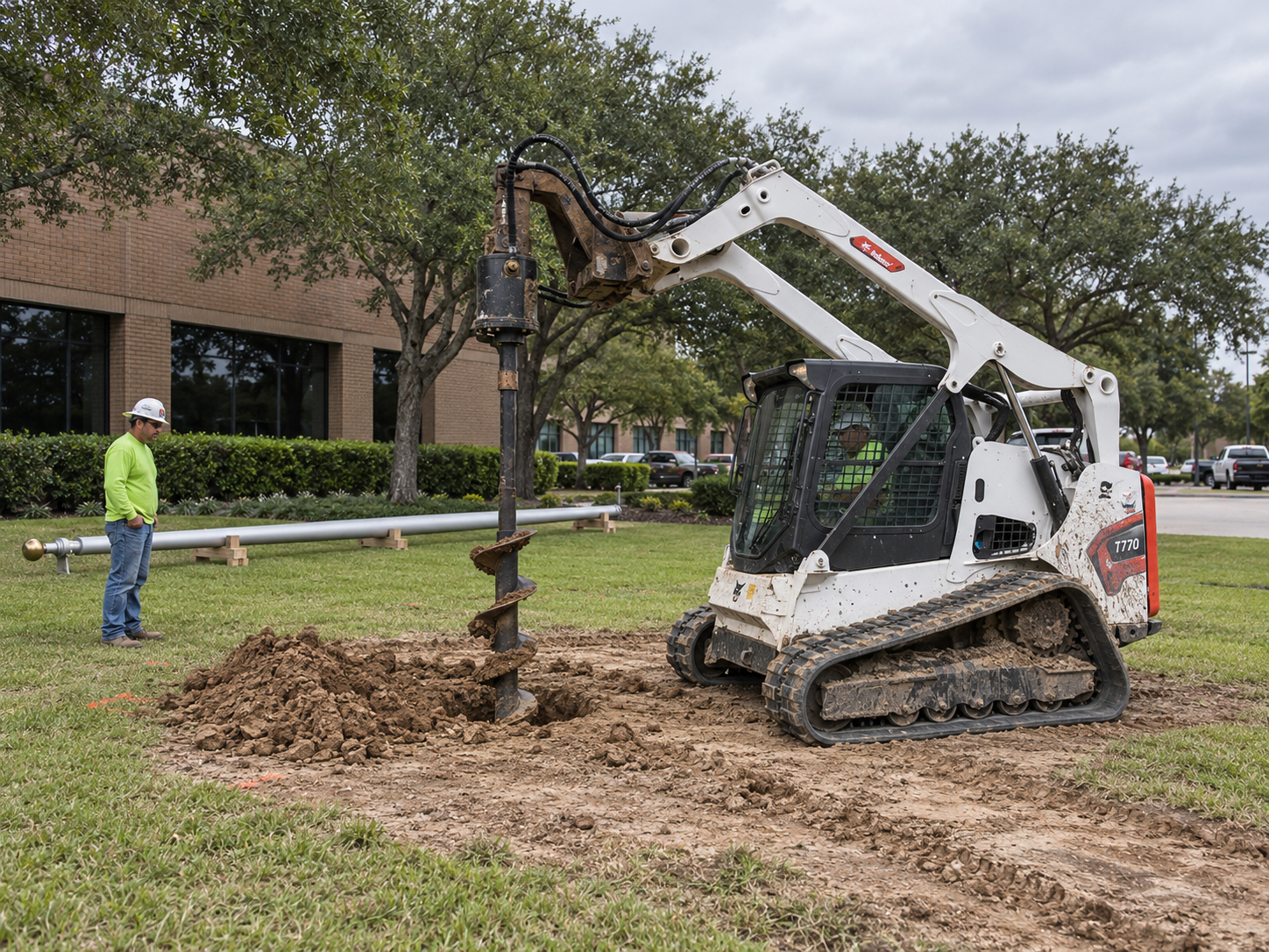 Skid steer drilling a pier hole at a flagpole installation site.